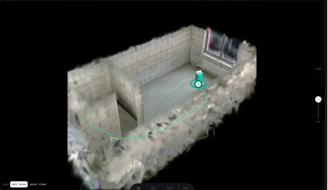 The same flat seen as a doll house from above, ceiling removed, with the walked route drawn across the floor.